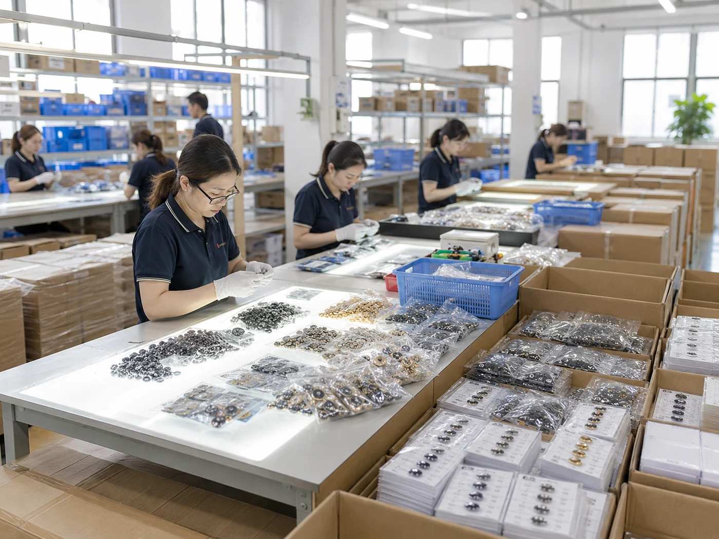 Merit Trims QC and packing team checking buttons and garment trims