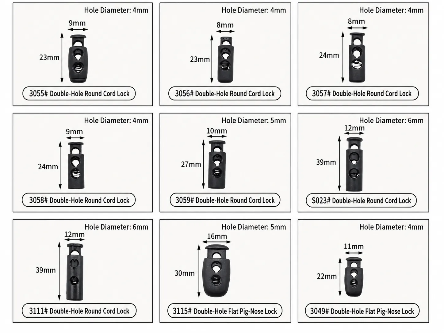 Cord stopper size chart showing models 3055, 3056, 3057, 3058, 3059, S023, 3111, 3115 and 3049