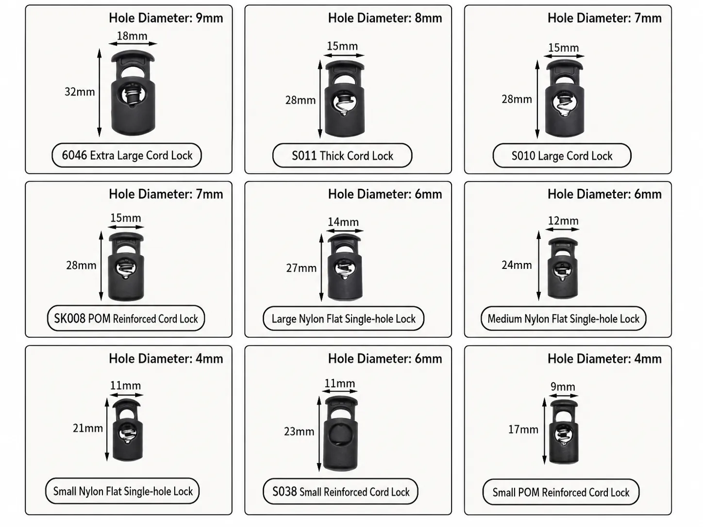 Cord stopper size chart showing 6046 extra large cord lock, S011 thick cord lock, S010 large cord lock, SK008 reinforced cord lock and single-hole lock styles