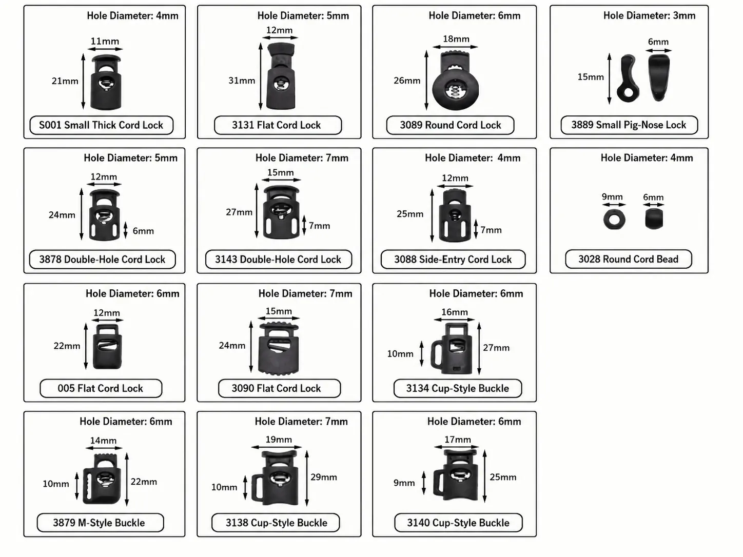 Specialty cord stopper and buckle chart with S001, 3131, 3089, 3889, 3878, 3143, 3088, 3028, 005, 3090, 3134, 3879, 3138 and 3140