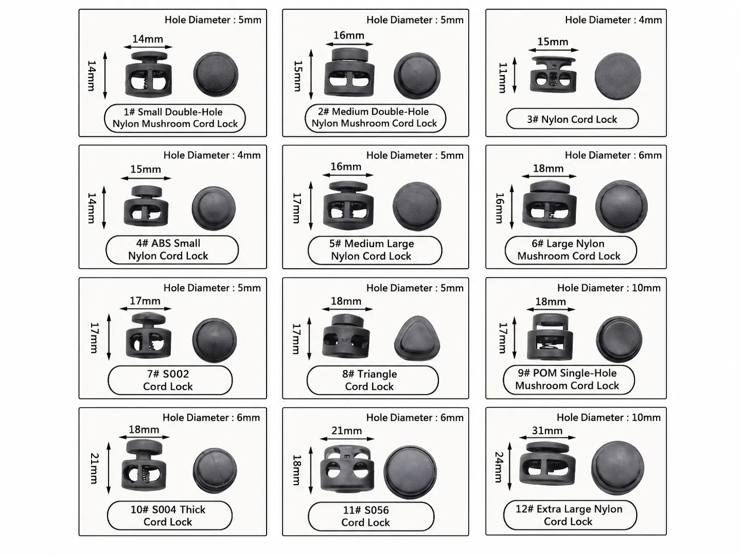 Nylon mushroom cord lock chart showing 1 to 12 series including triangle and single-hole mushroom styles