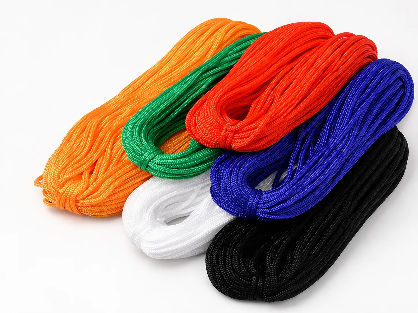 Solid-color braided PP cords in orange green red blue white and black