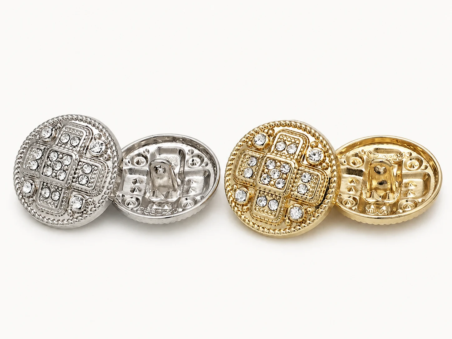 gold and silver geometric rhinestone shank buttons with back view