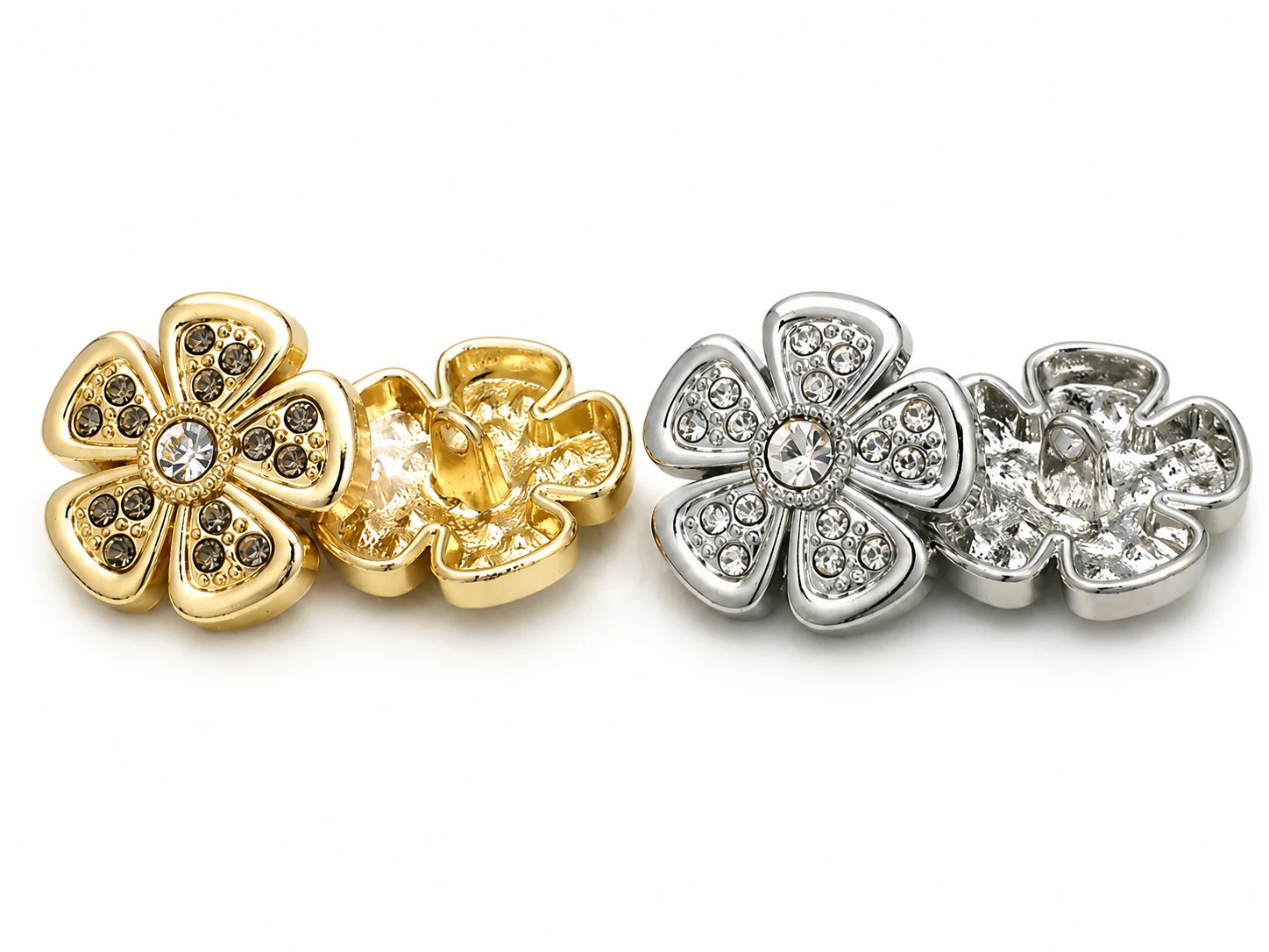 gold and silver crystal flower shank buttons front and back