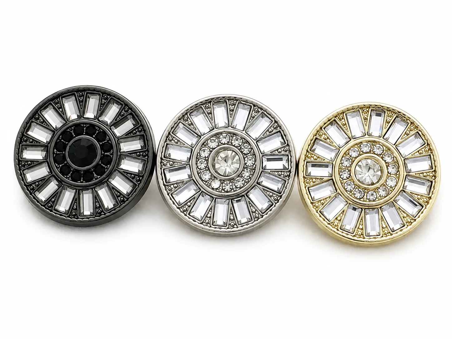 black silver and gold round crystal statement buttons