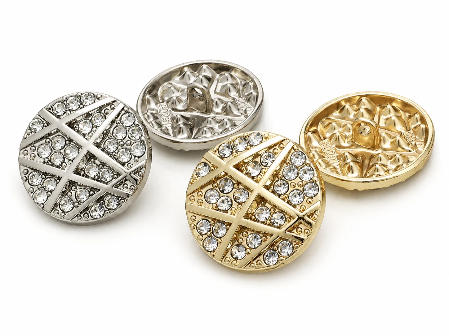 gold and silver lattice rhinestone shank buttons with back view