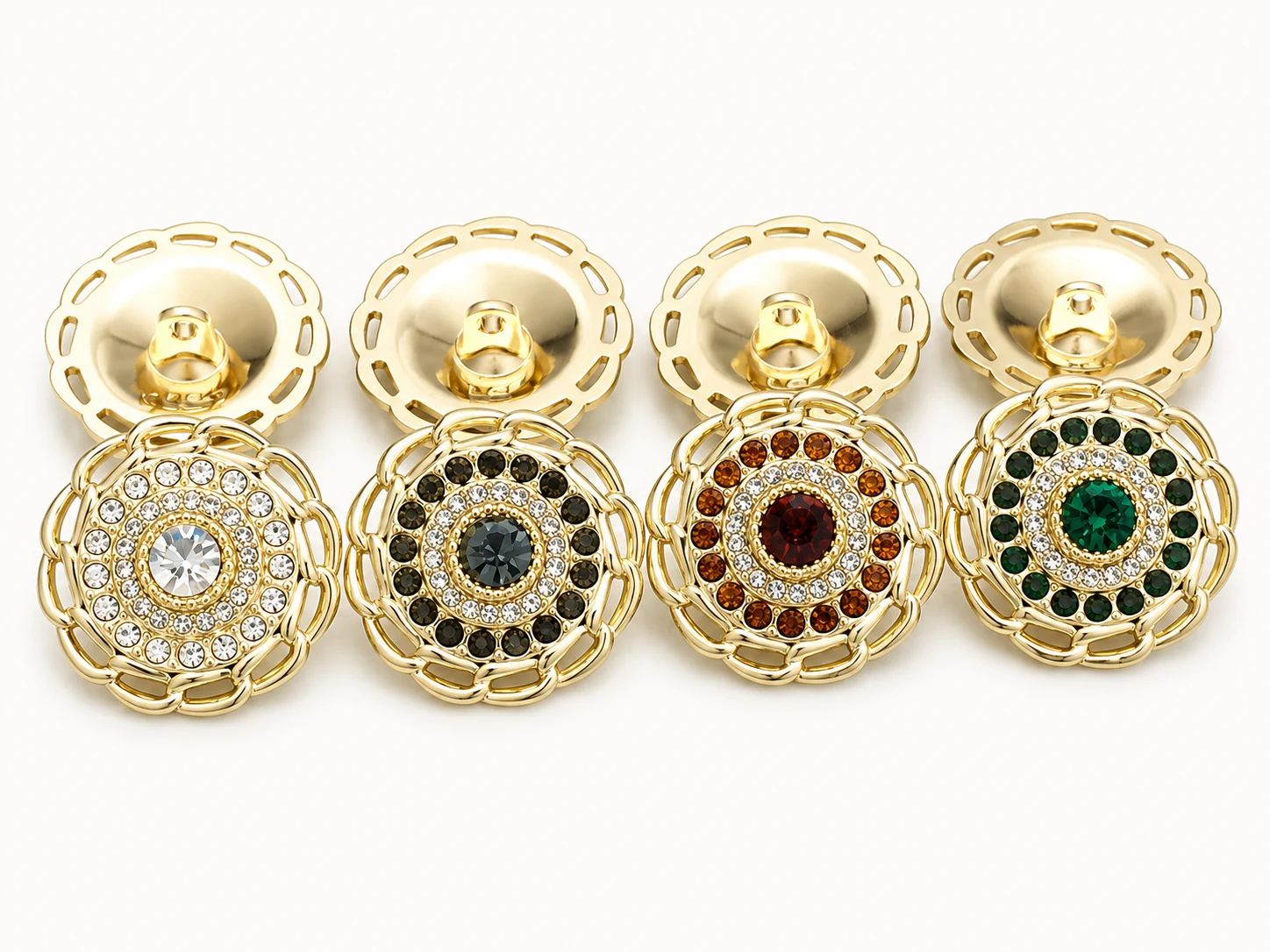 gold decorative shank buttons with clear black amber and green center stones