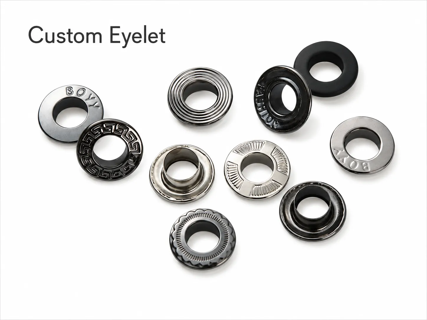 Custom eyelet assortment with engraved and custom shaped styles