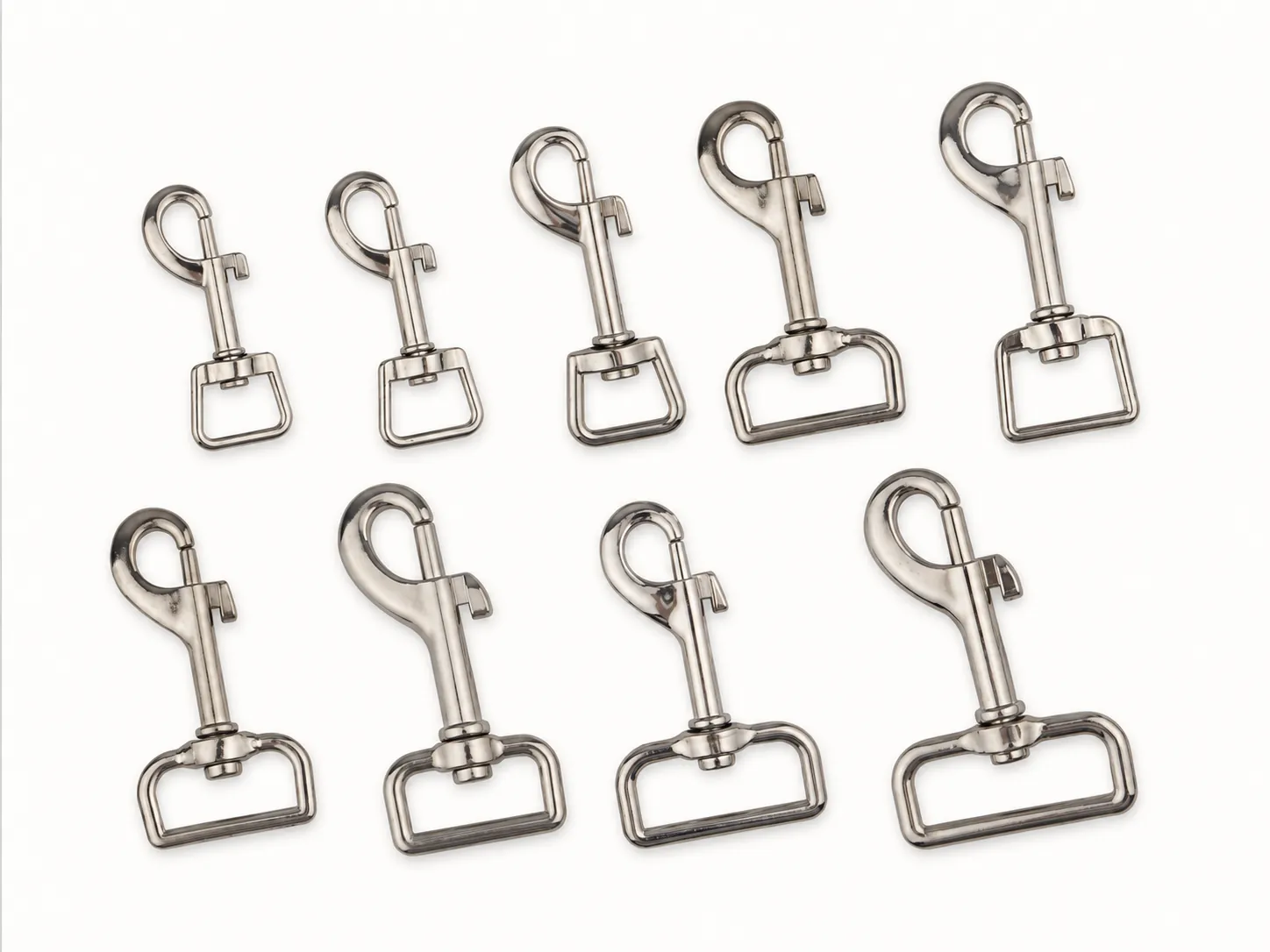 nickel swivel snap hooks in multiple sizes with rectangular loop bases