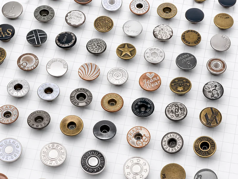 assorted denim jeans buttons with antique finishes displayed on grid background