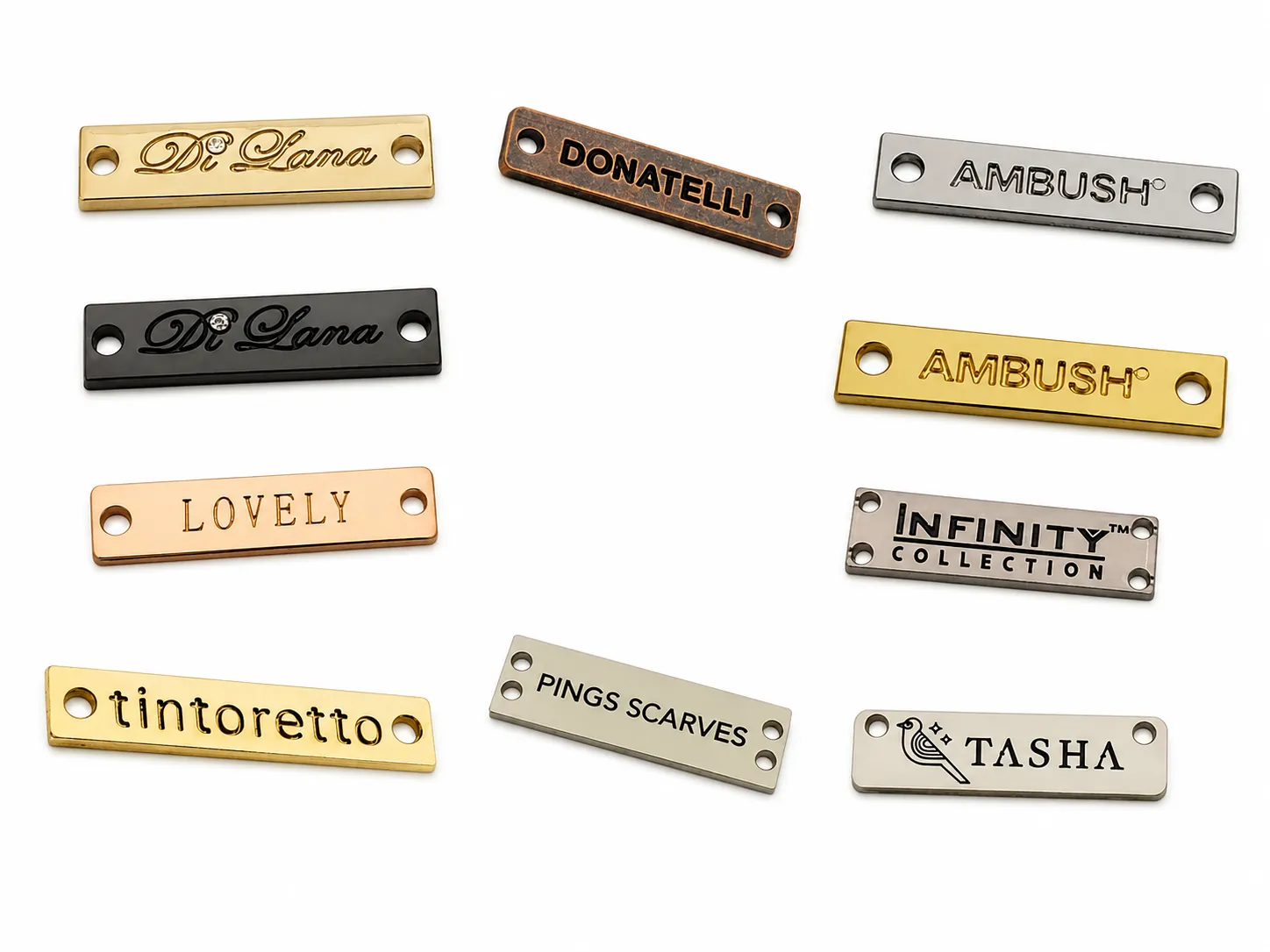 Rectangular metal brand nameplates in multiple finishes