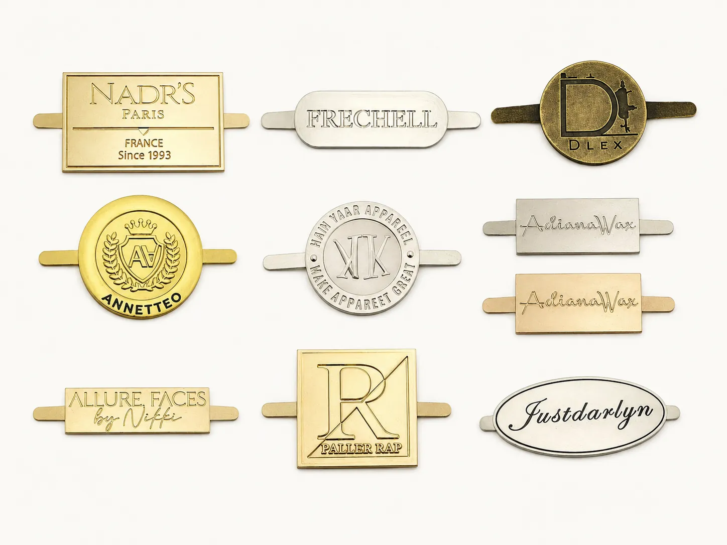 Metal labels with side tabs and fold-in legs in gold and silver