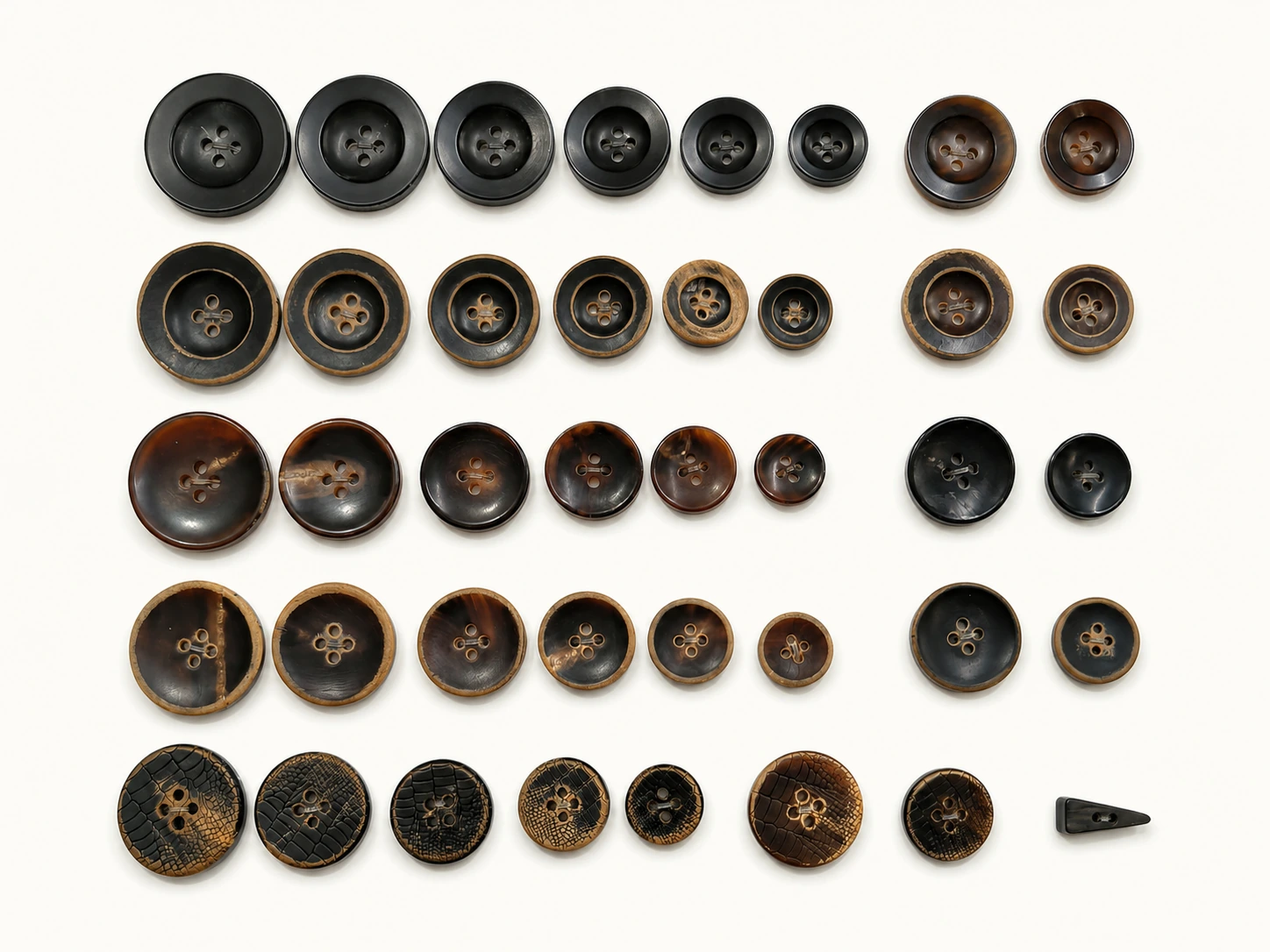 genuine horn buttons assortment in black brown tortoise and textured finishes