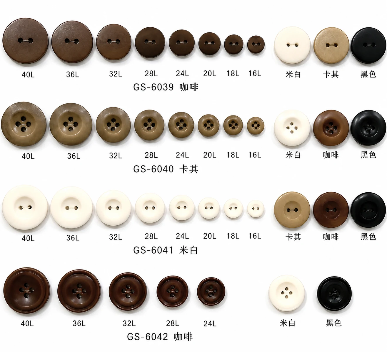 corozo fruit button size runs GS-6039 to GS-6042 with two hole and four hole options from 16L to 40L