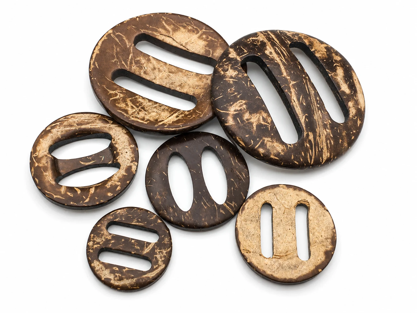 coconut shell slider buckles and oval adjusters with two long slots