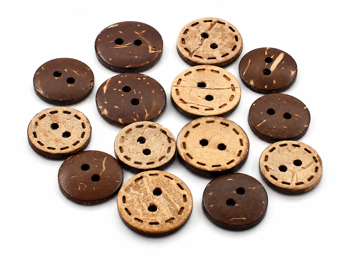 stitch effect coconut shell buttons with light and dark sides and decorative groove details