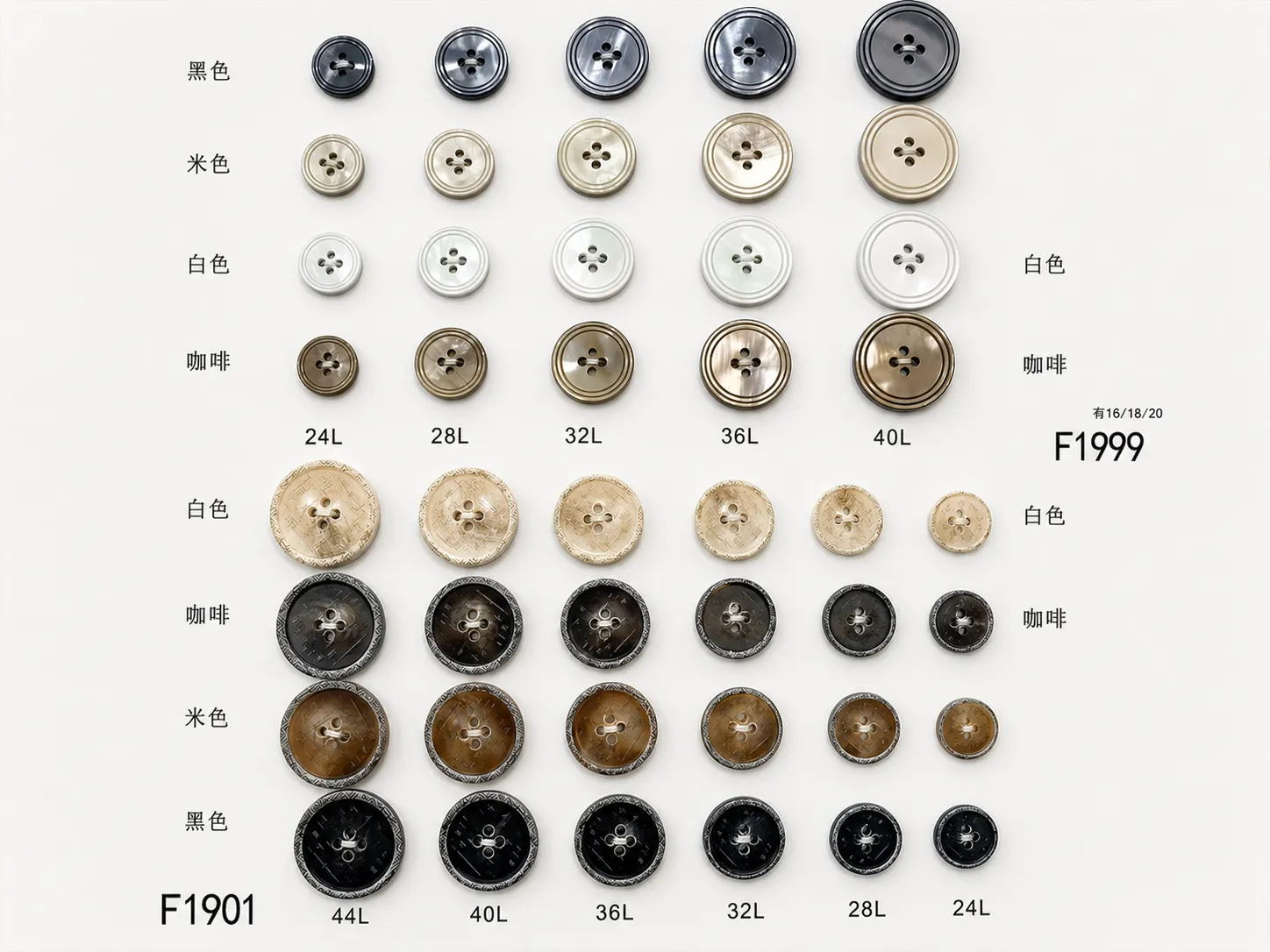 Ring-rim horn-effect suit buttons chart with black ivory white coffee sizes